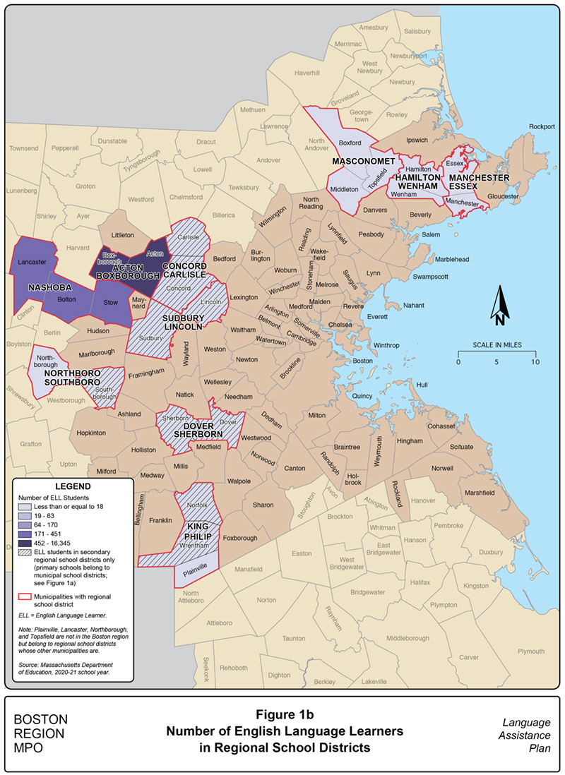 Figure 1B is a map showing the number of English language learners in regional school districts in the Boston region. Figure 1B is a map showing the number of English language learners in regional school districts in the Boston region.